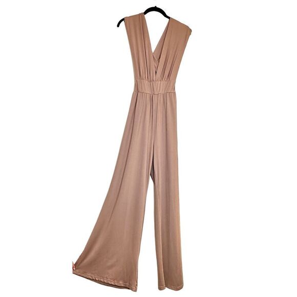 Lulus Small Thinking Out Loud Polyester Blend Backless Wide Leg Taupe Jumpsuit - Picture 1 of 5